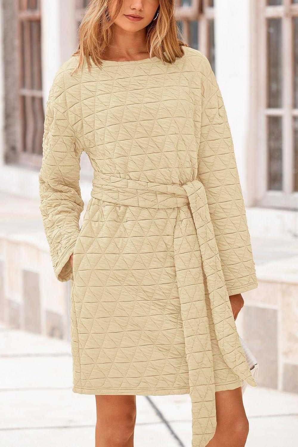 imagePRETTYGARDEN Womens Long Sleeve Dresses Spring Fall Casual Short Belted Dress Trendy Quilted Outfits with Pockets