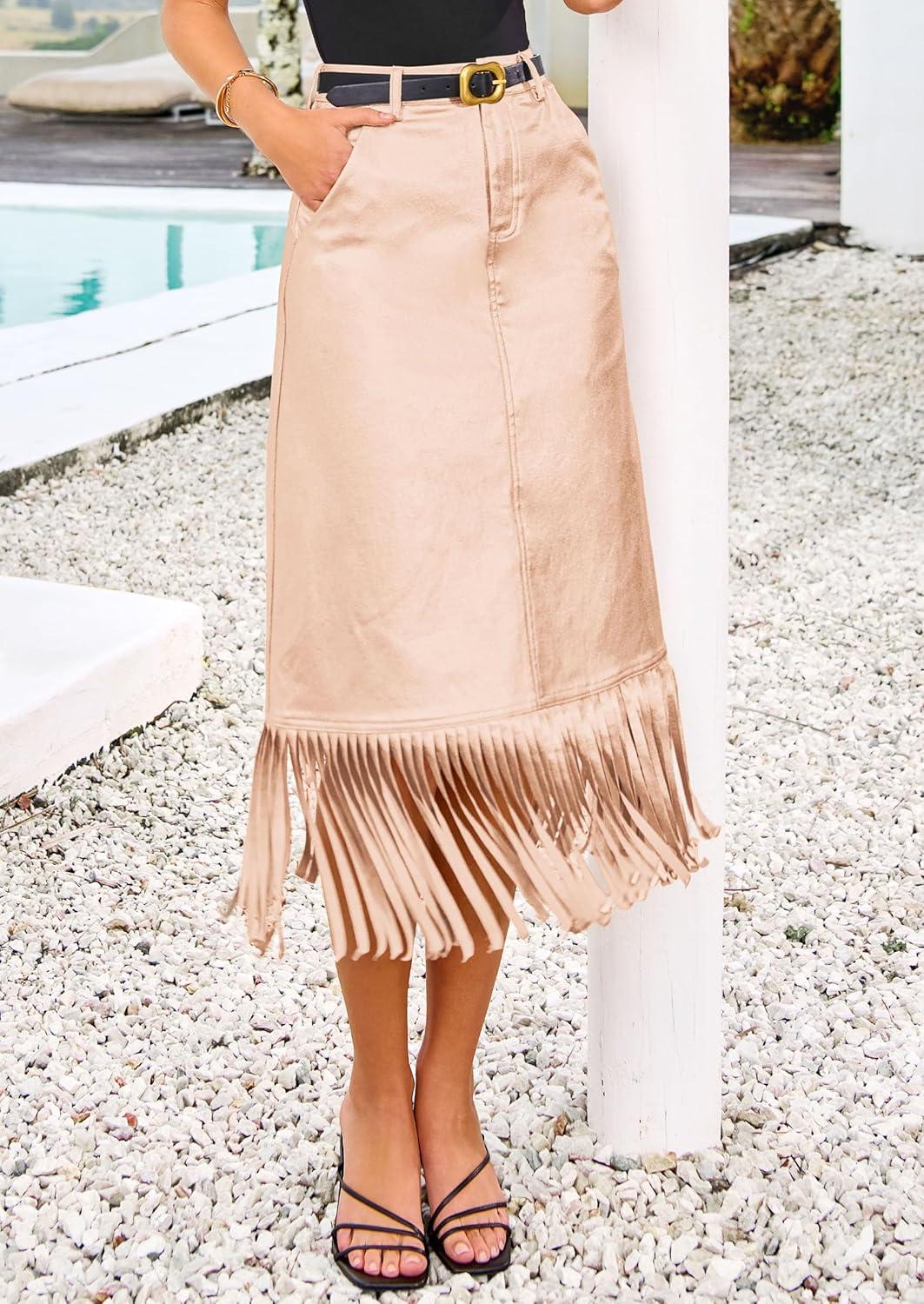 imagePRETTYGARDEN Womens Metallic Midi Party Skirt Casual High Waisted Fringe Shiny Y2K Long Pencil Skirts Fall Clothes