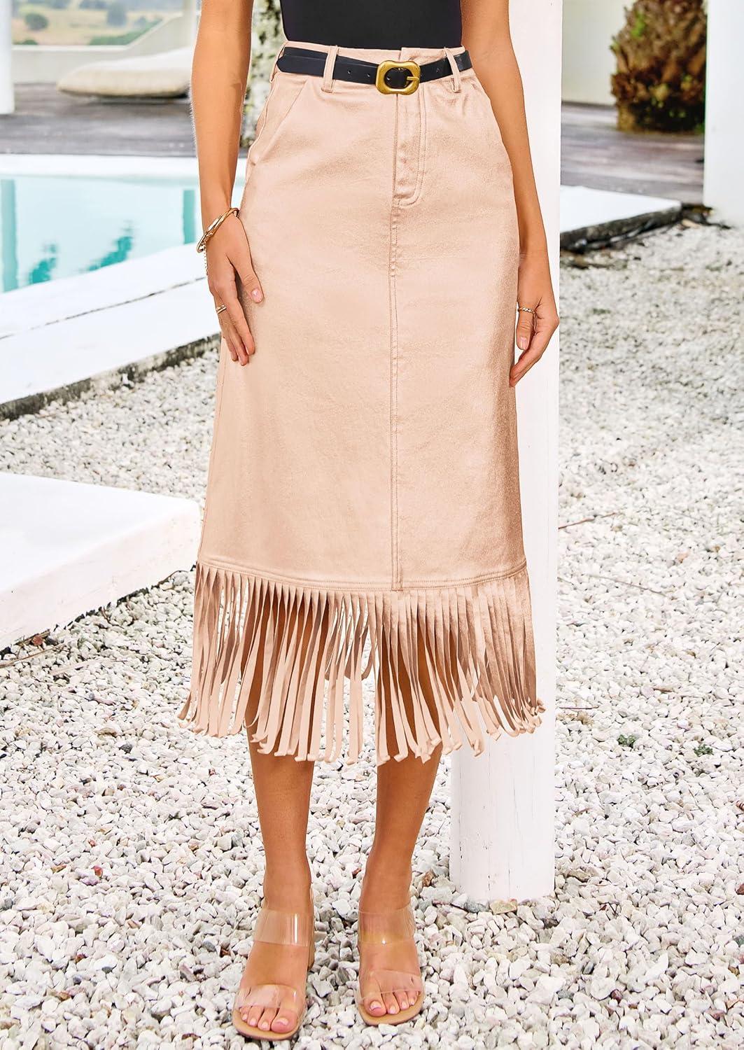 imagePRETTYGARDEN Womens Metallic Midi Party Skirt Casual High Waisted Fringe Shiny Y2K Long Pencil Skirts Fall Clothes