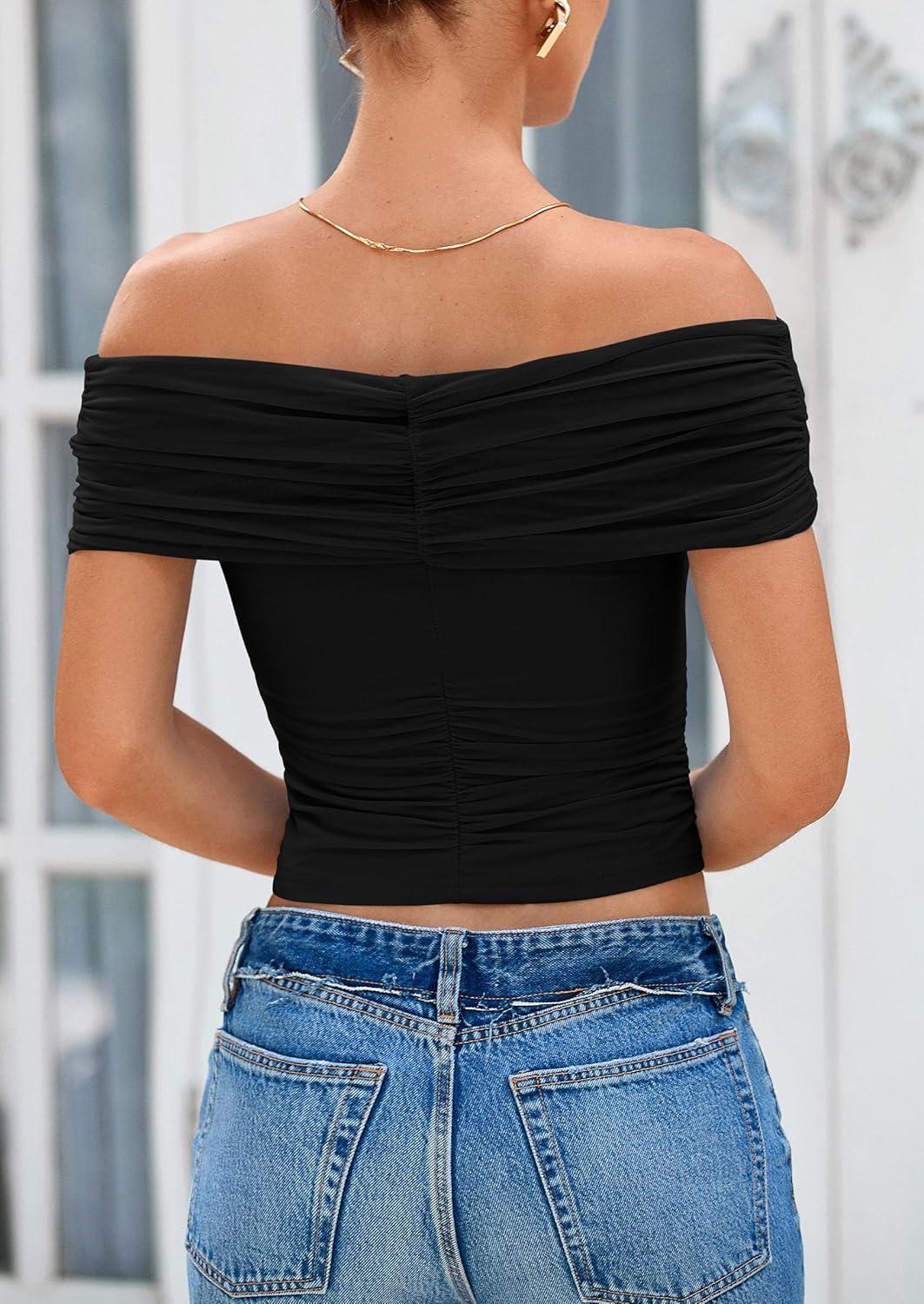 imagePRETTYGARDEN Womens Off The Shoulder Short Sleeve Ruched Slim Fit BlouseBlack