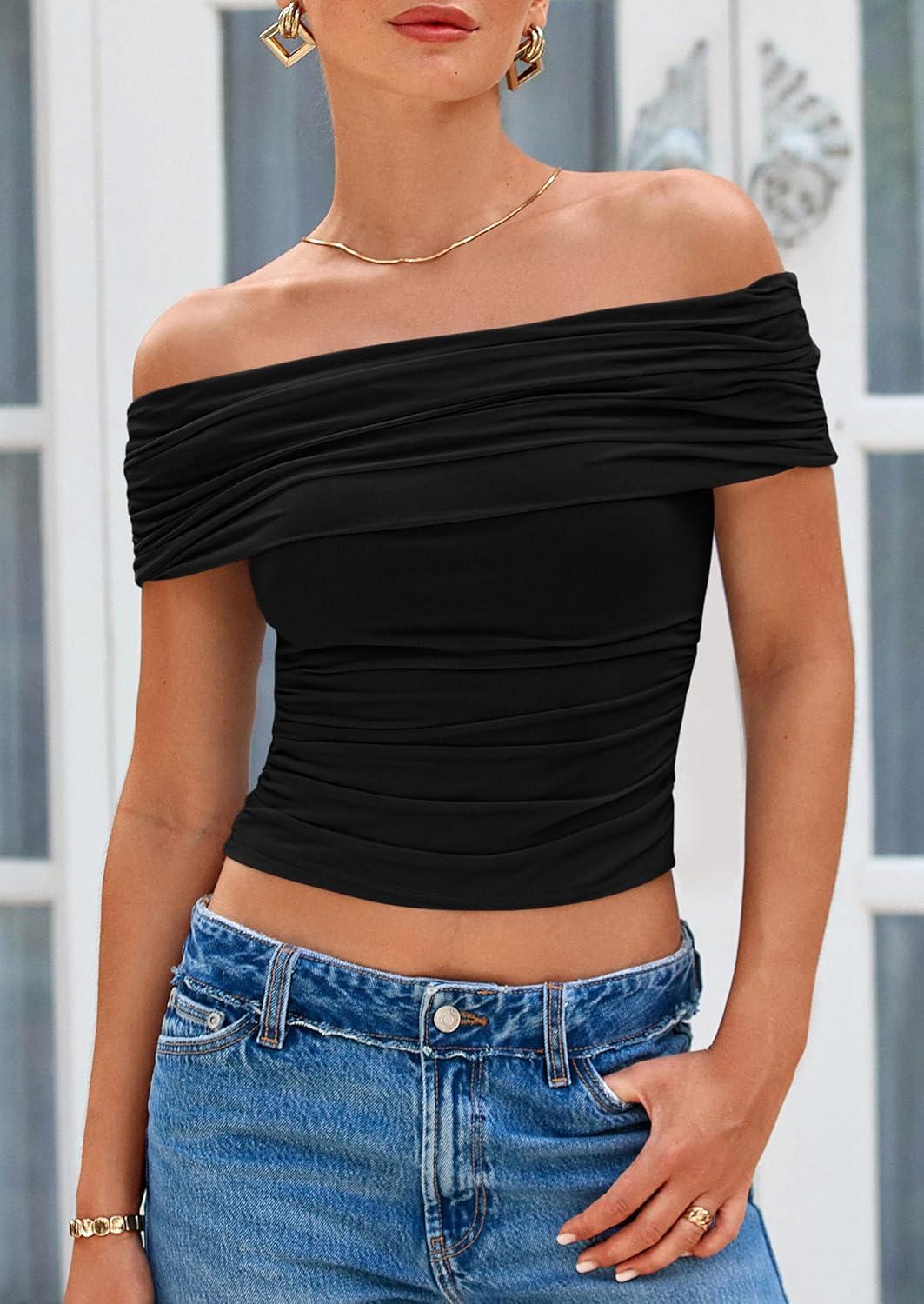 imagePRETTYGARDEN Womens Off The Shoulder Short Sleeve Ruched Slim Fit BlouseBlack