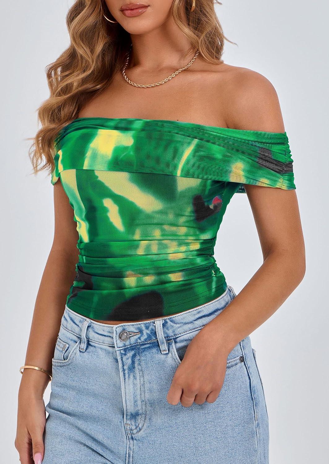 imagePRETTYGARDEN Womens Off The Shoulder Short Sleeve Ruched Slim Fit BlouseFloral Green