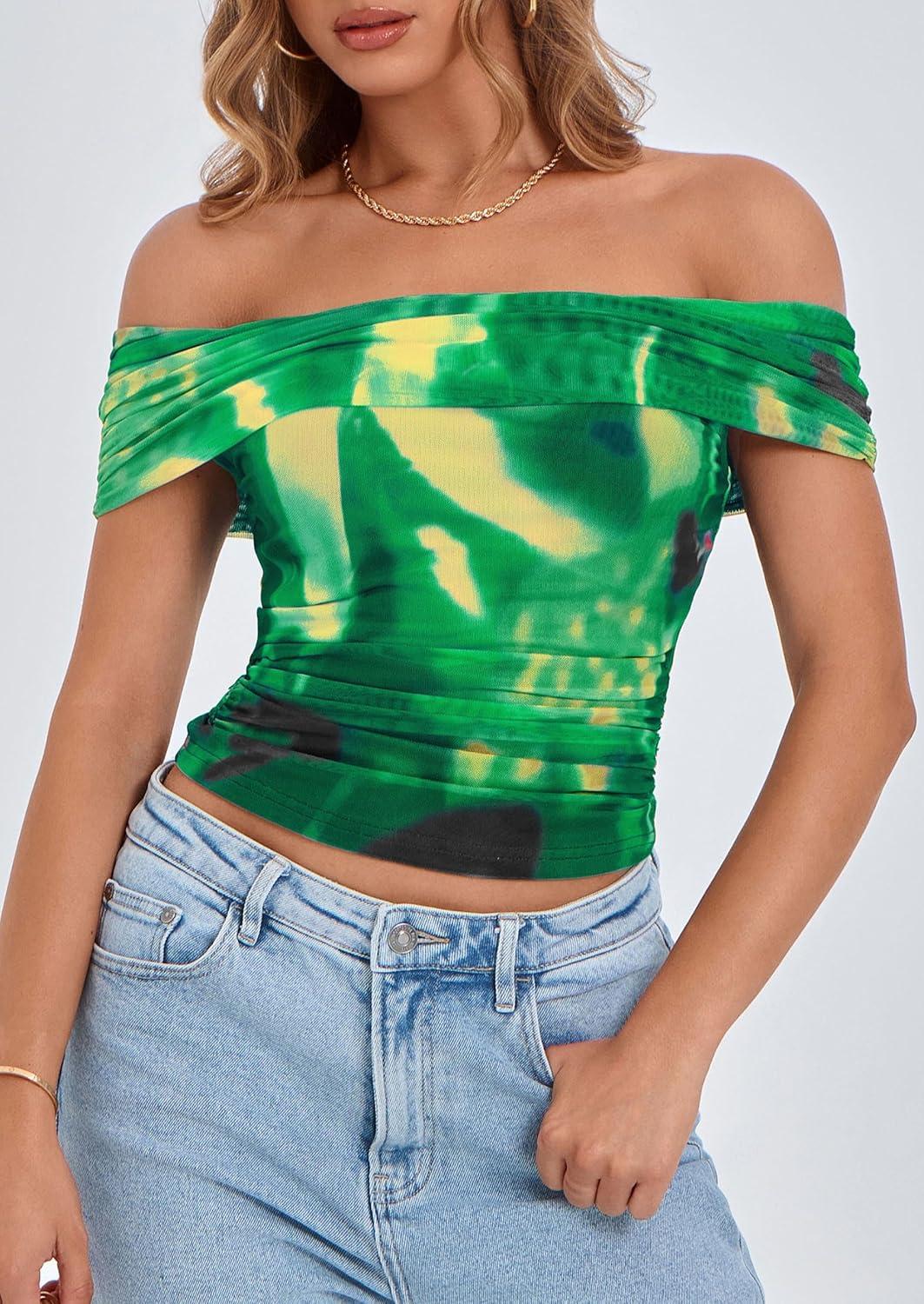 imagePRETTYGARDEN Womens Off The Shoulder Short Sleeve Ruched Slim Fit BlouseFloral Green