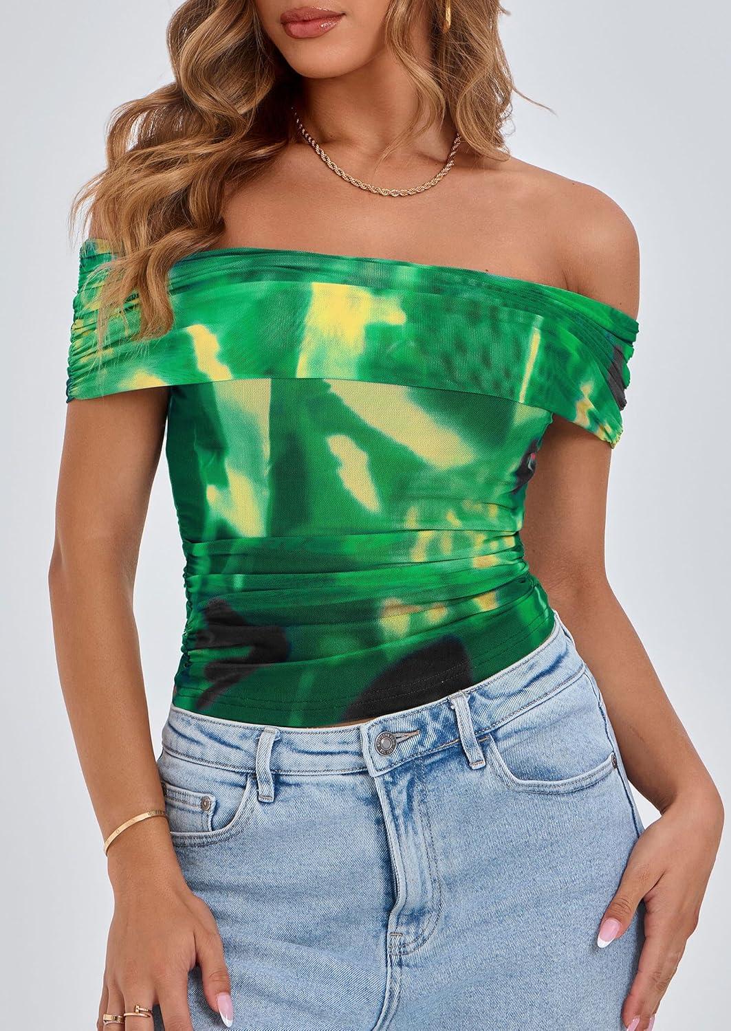 imagePRETTYGARDEN Womens Off The Shoulder Short Sleeve Ruched Slim Fit BlouseFloral Green