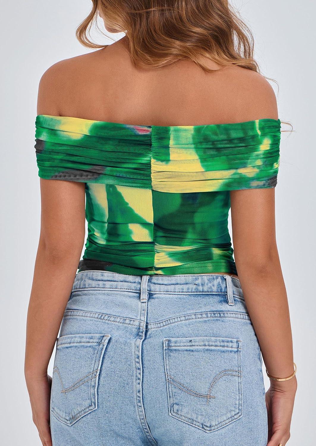imagePRETTYGARDEN Womens Off The Shoulder Short Sleeve Ruched Slim Fit BlouseFloral Green