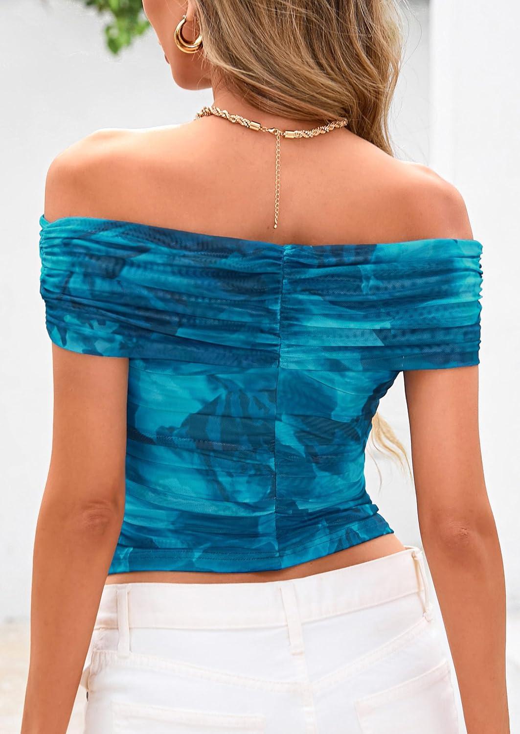 imagePRETTYGARDEN Womens Off The Shoulder Short Sleeve Ruched Slim Fit BlouseFloral Lake Blue