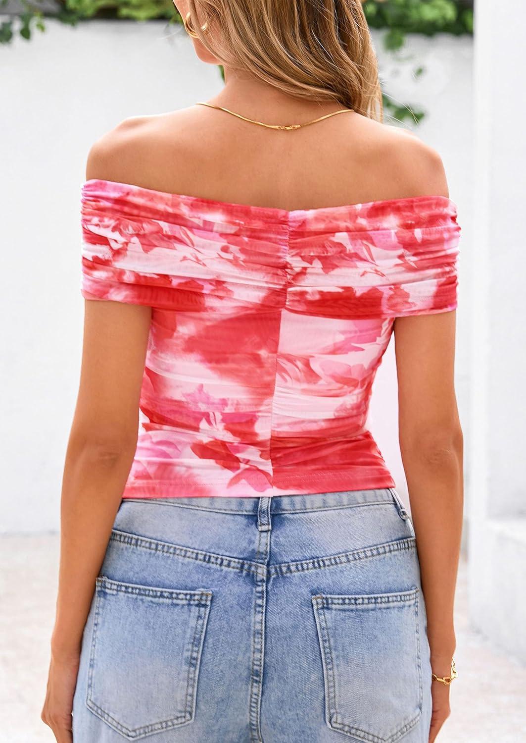imagePRETTYGARDEN Womens Off The Shoulder Short Sleeve Ruched Slim Fit BlouseFloral Light Orange
