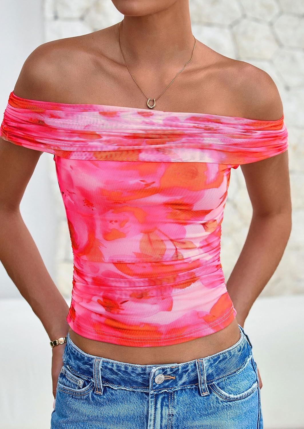 imagePRETTYGARDEN Womens Off The Shoulder Short Sleeve Ruched Slim Fit BlouseFloral Pink