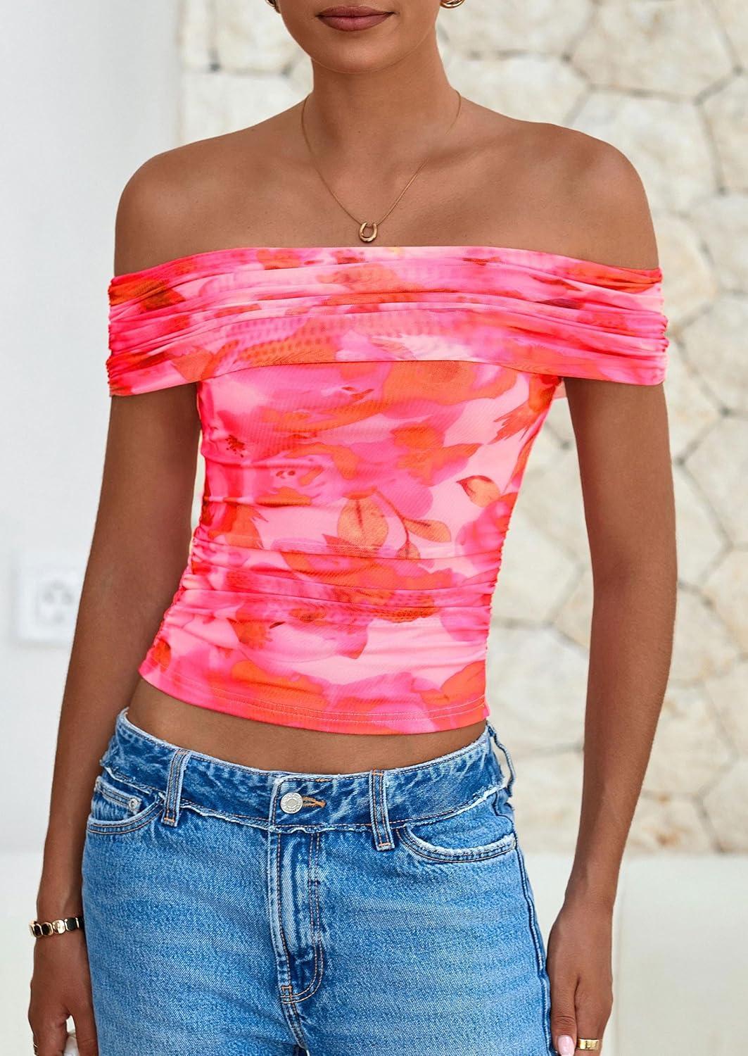 imagePRETTYGARDEN Womens Off The Shoulder Short Sleeve Ruched Slim Fit BlouseFloral Pink