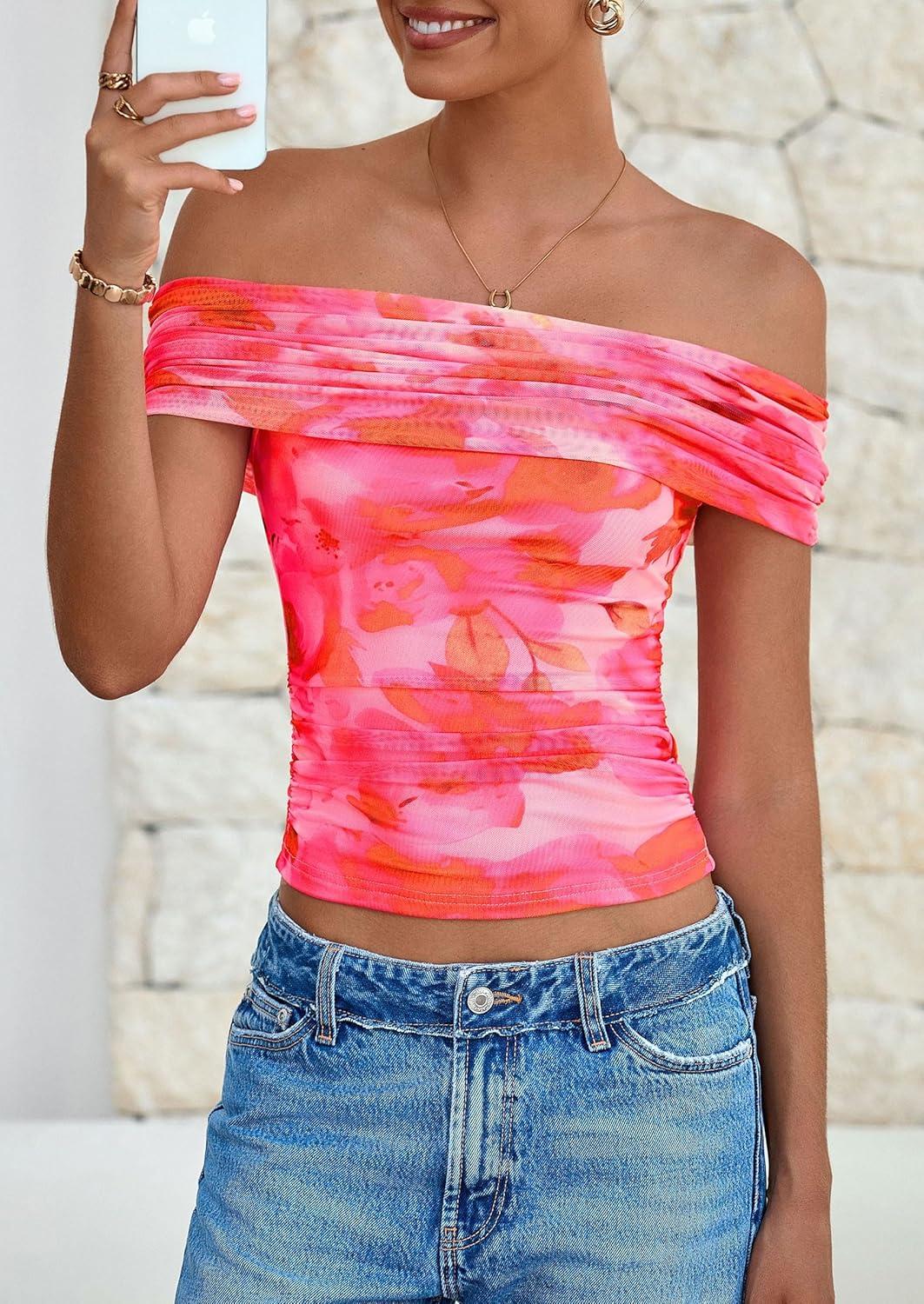 imagePRETTYGARDEN Womens Off The Shoulder Short Sleeve Ruched Slim Fit BlouseFloral Pink