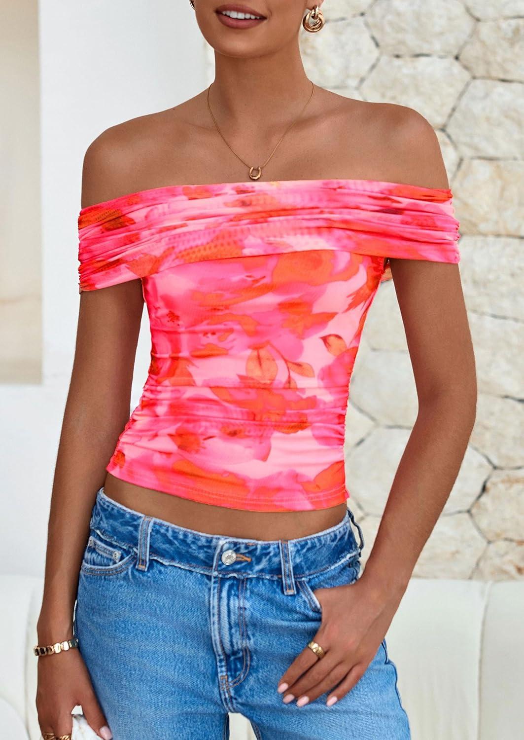 imagePRETTYGARDEN Womens Off The Shoulder Short Sleeve Ruched Slim Fit BlouseFloral Pink