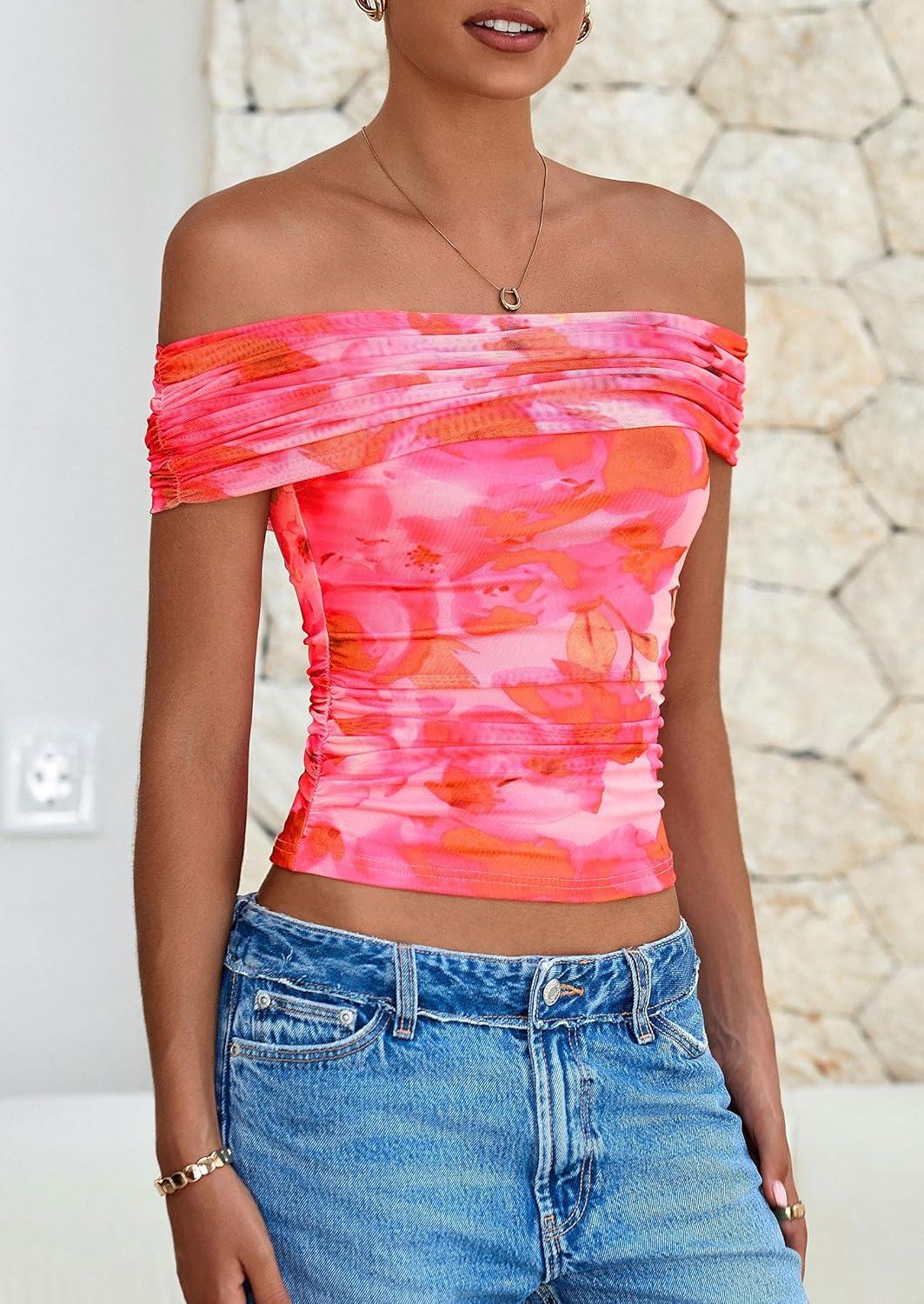 imagePRETTYGARDEN Womens Off The Shoulder Short Sleeve Ruched Slim Fit BlouseFloral Pink