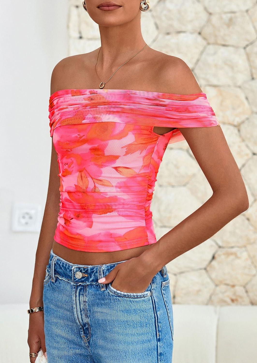 imagePRETTYGARDEN Womens Off The Shoulder Short Sleeve Ruched Slim Fit BlouseFloral Pink
