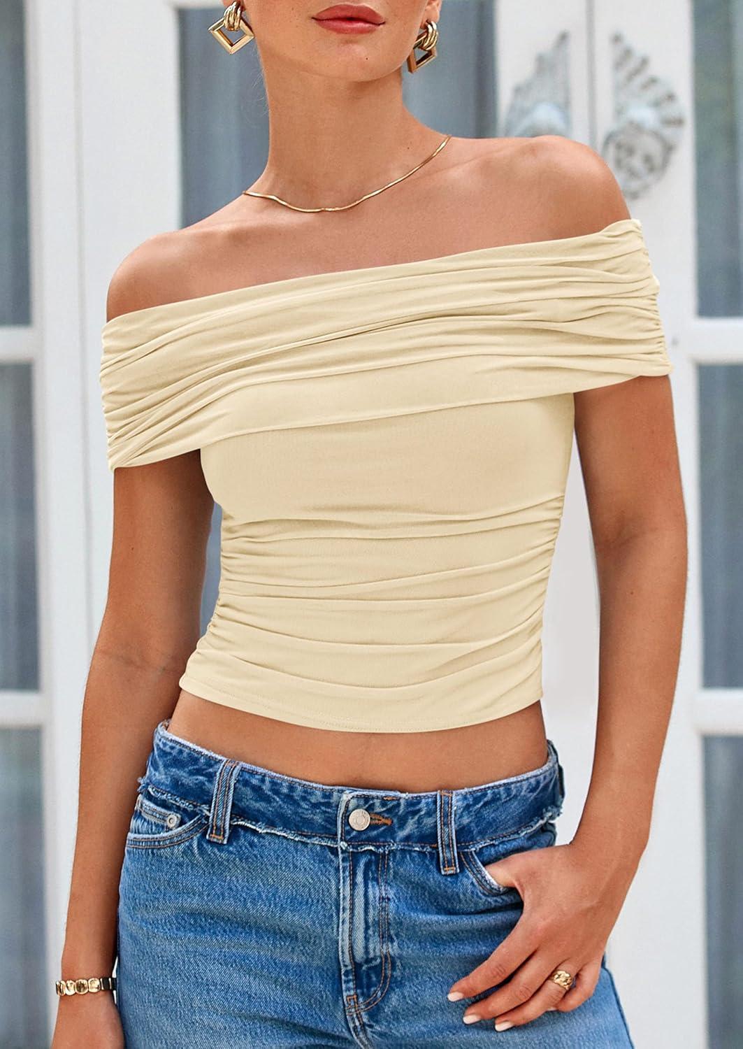 imagePRETTYGARDEN Womens Off The Shoulder Short Sleeve Ruched Slim Fit BlouseLight Apricot