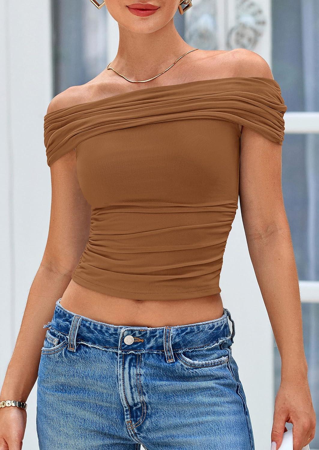 imagePRETTYGARDEN Womens Off The Shoulder Short Sleeve Ruched Slim Fit BlouseLight Brown