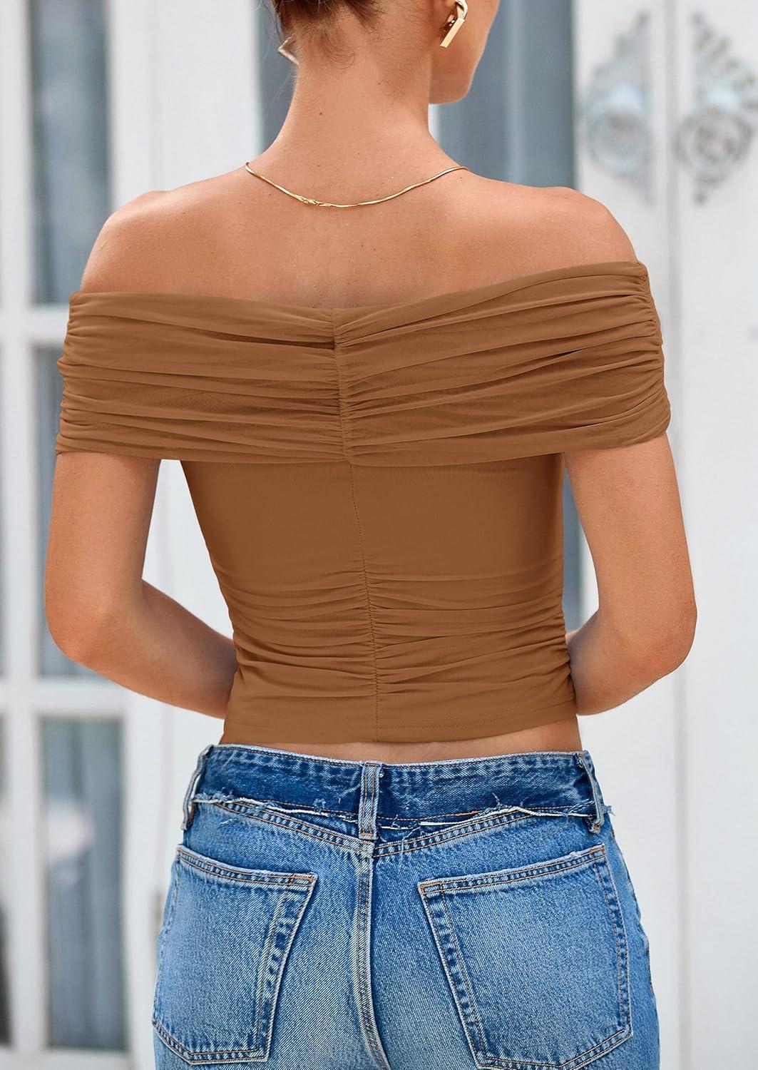 imagePRETTYGARDEN Womens Off The Shoulder Short Sleeve Ruched Slim Fit BlouseLight Brown