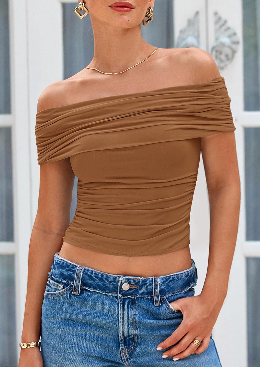 imagePRETTYGARDEN Womens Off The Shoulder Short Sleeve Ruched Slim Fit BlouseLight Brown