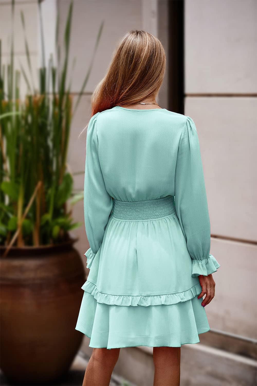 imagePRETTYGARDEN Womens Short ALine Flare Dress Knot Front Long Sleeve V Neck Tiered Ruffle Swing Mini Skater Dresses Light GreenLarge