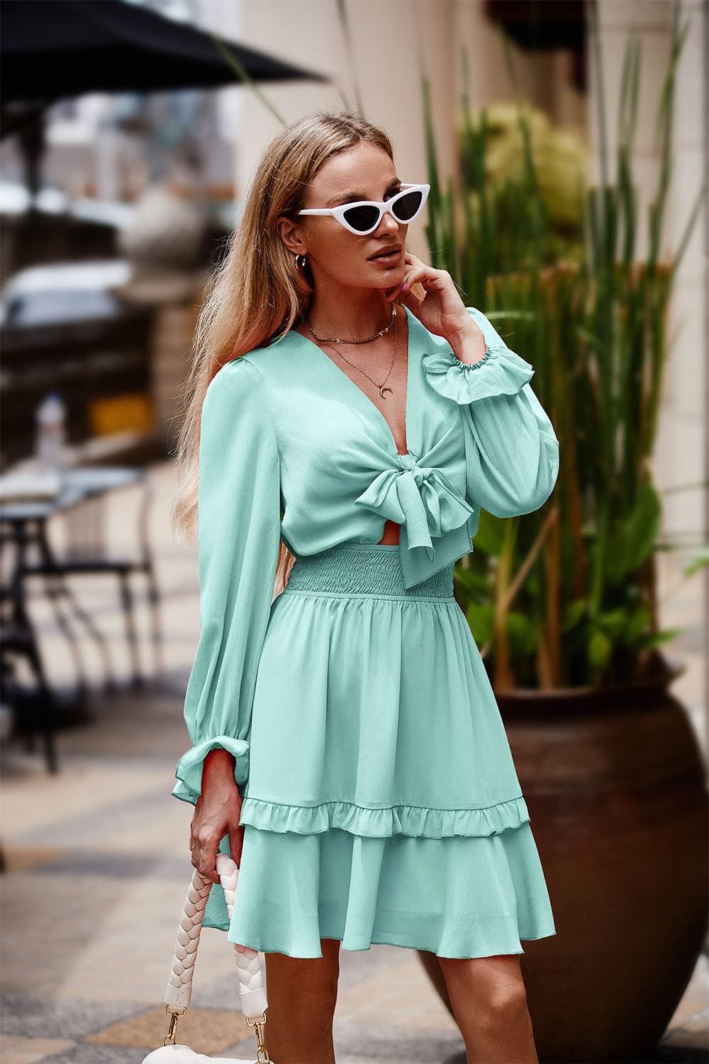 imagePRETTYGARDEN Womens Short ALine Flare Dress Knot Front Long Sleeve V Neck Tiered Ruffle Swing Mini Skater Dresses Light GreenLarge