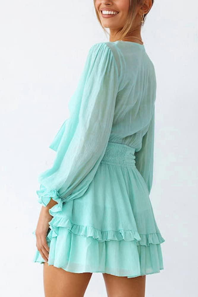 imagePRETTYGARDEN Womens Short ALine Flare Dress Knot Front Long Sleeve V Neck Tiered Ruffle Swing Mini Skater Dresses Light GreenLarge