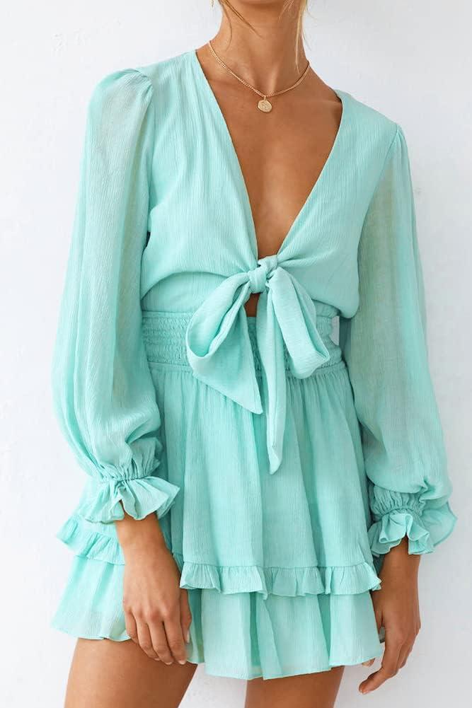 imagePRETTYGARDEN Womens Short ALine Flare Dress Knot Front Long Sleeve V Neck Tiered Ruffle Swing Mini Skater Dresses Light GreenLarge