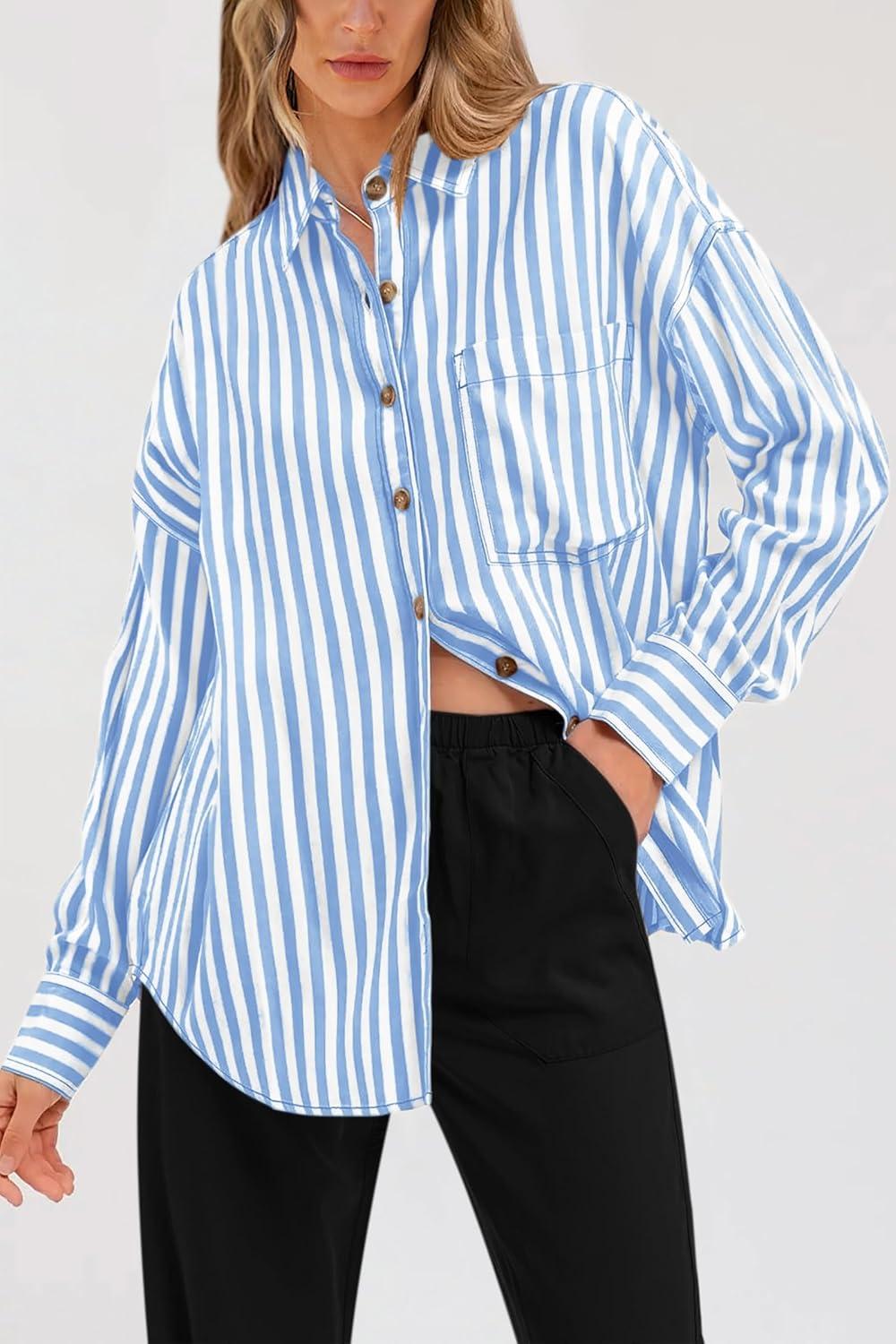 imagePRETTYGARDEN Womens Striped Button Down Shirt Spring 2025 Oversized Collared Long Sleeve Office Work Blouses Tops