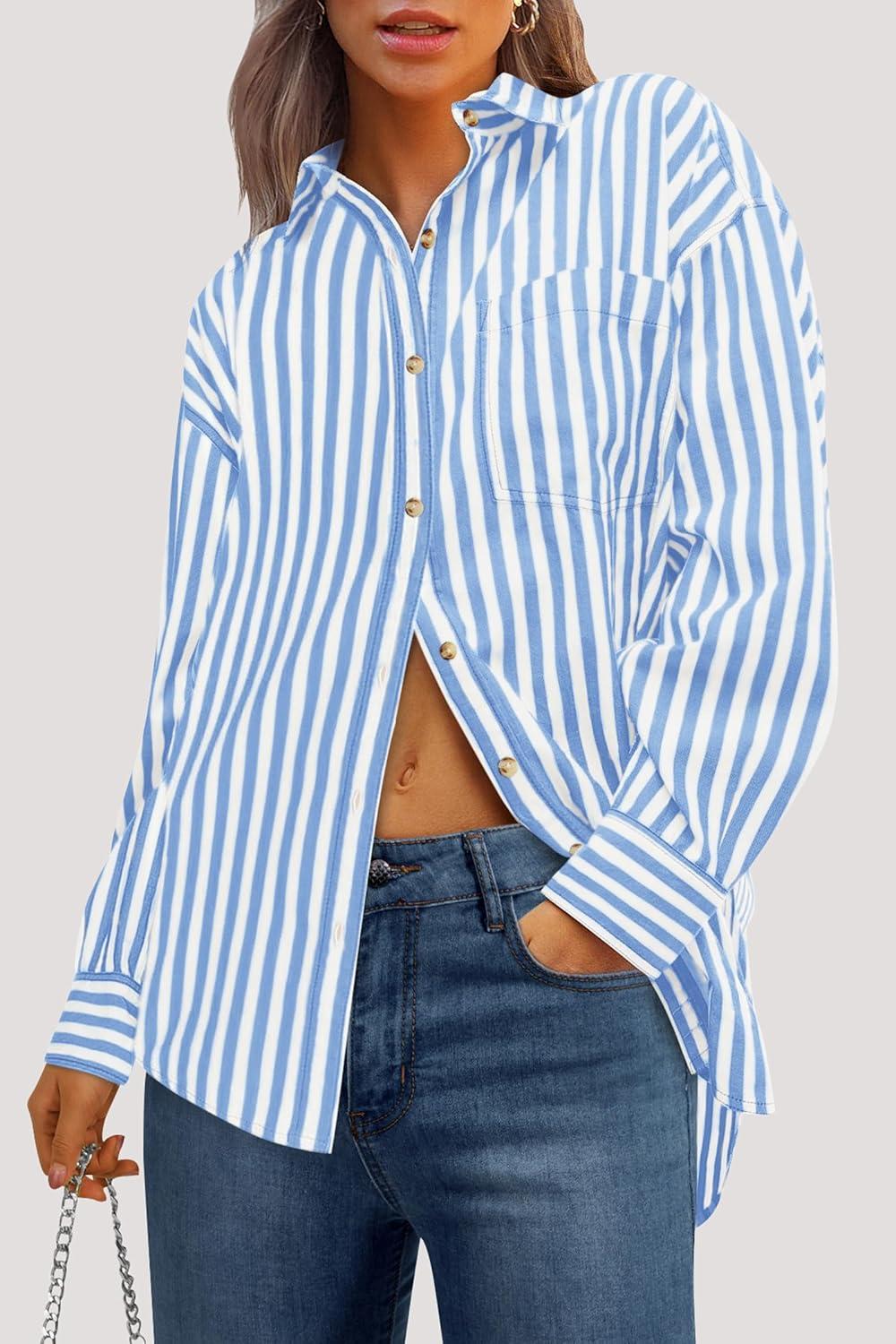imagePRETTYGARDEN Womens Striped Button Down Shirt Spring 2025 Oversized Collared Long Sleeve Office Work Blouses Tops