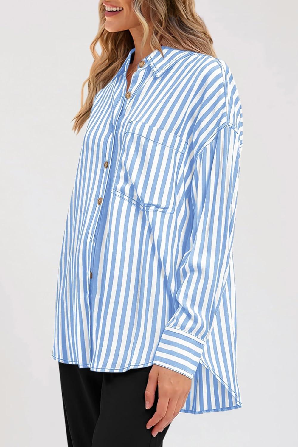 imagePRETTYGARDEN Womens Striped Button Down Shirt Spring 2025 Oversized Collared Long Sleeve Office Work Blouses Tops