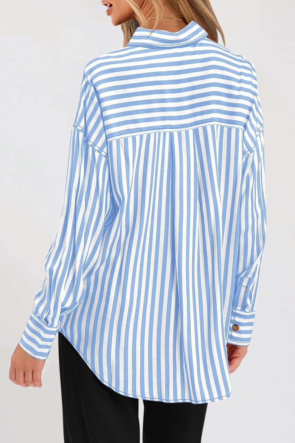imagePRETTYGARDEN Womens Striped Button Down Shirt Spring 2025 Oversized Collared Long Sleeve Office Work Blouses Tops