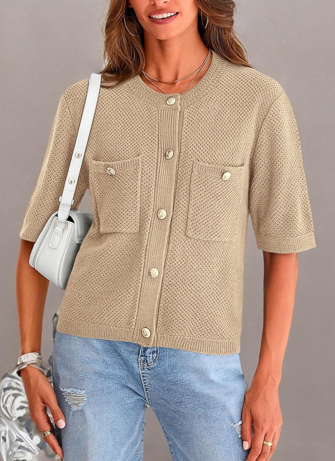 imagePRETTYGARDEN Womens Summer Knit Blouse Top Casual Crewneck Button Down Short Sleeve Cardigan Pocket T Shirts KhakiMedium