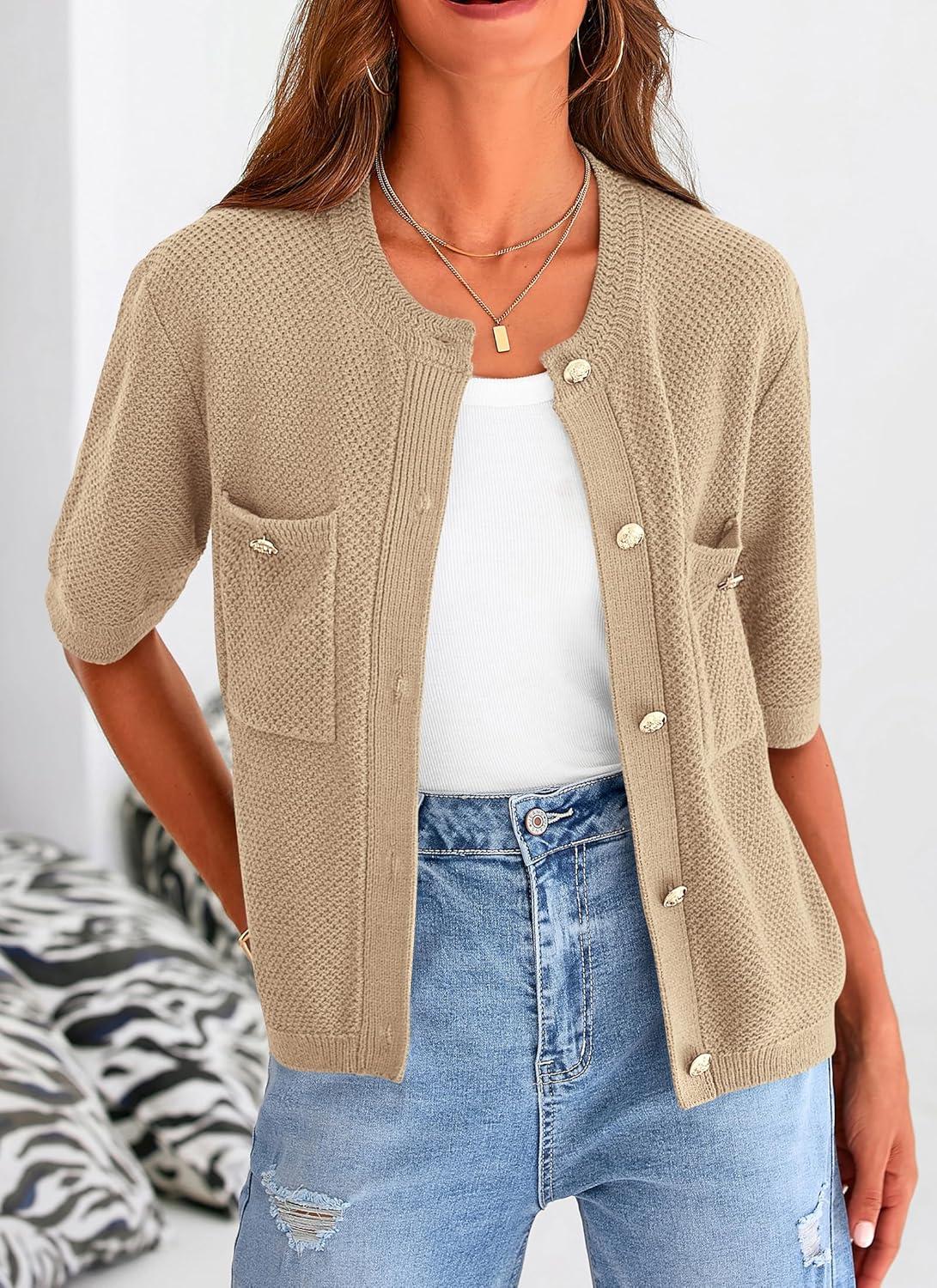 imagePRETTYGARDEN Womens Summer Knit Blouse Top Casual Crewneck Button Down Short Sleeve Cardigan Pocket T Shirts KhakiMedium