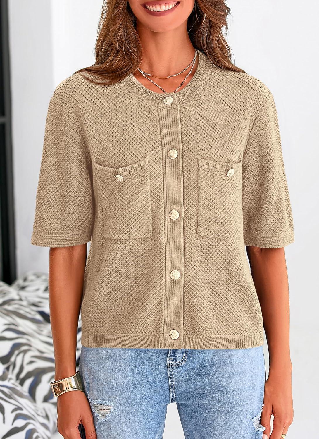 imagePRETTYGARDEN Womens Summer Knit Blouse Top Casual Crewneck Button Down Short Sleeve Cardigan Pocket T Shirts KhakiMedium