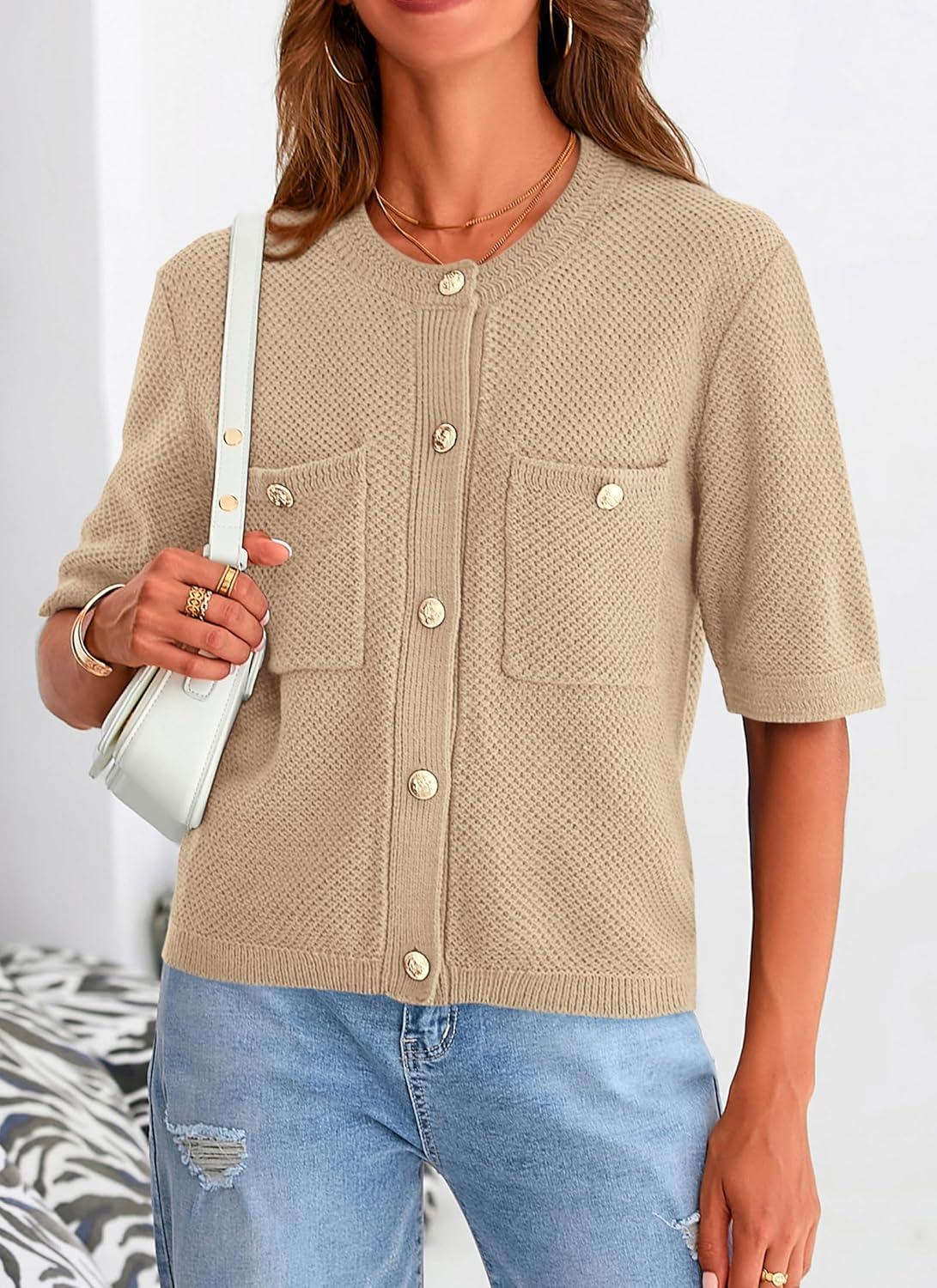 imagePRETTYGARDEN Womens Summer Knit Blouse Top Casual Crewneck Button Down Short Sleeve Cardigan Pocket T Shirts KhakiMedium