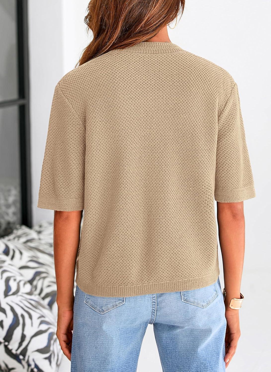 imagePRETTYGARDEN Womens Summer Knit Blouse Top Casual Crewneck Button Down Short Sleeve Cardigan Pocket T Shirts KhakiMedium