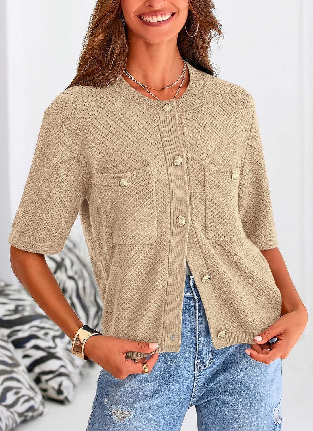 imagePRETTYGARDEN Womens Summer Knit Blouse Top Casual Crewneck Button Down Short Sleeve Cardigan Pocket T Shirts KhakiMedium