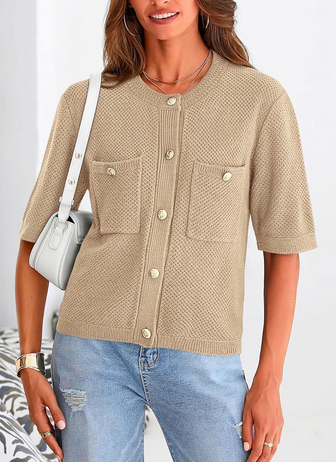 imagePRETTYGARDEN Womens Summer Knit Blouse Top Casual Crewneck Button Down Short Sleeve Cardigan Pocket T Shirts KhakiMedium