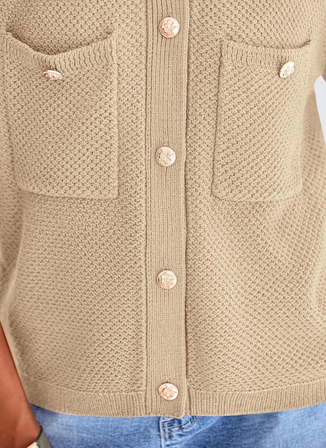 imagePRETTYGARDEN Womens Summer Knit Blouse Top Casual Crewneck Button Down Short Sleeve Cardigan Pocket T Shirts KhakiMedium