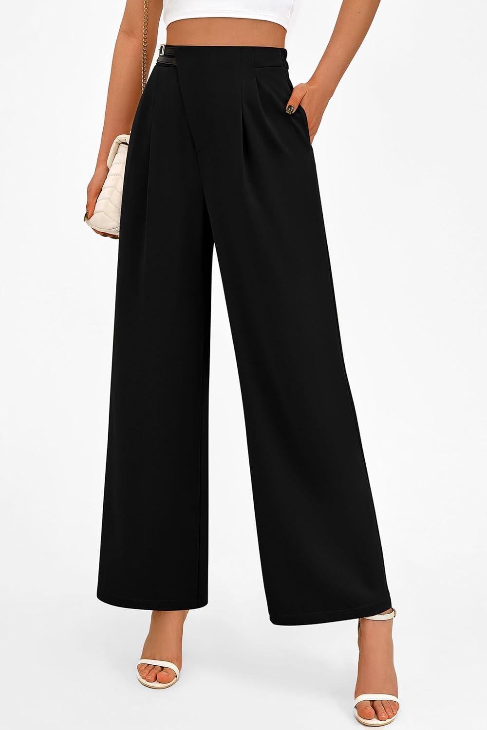 imagePRETTYGARDEN Womens Wide Leg Dressy Pants High Waisted Fashion Business Casual Work Office Trousers Palazzo PantBlack