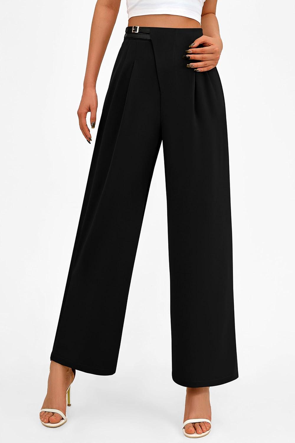 imagePRETTYGARDEN Womens Wide Leg Dressy Pants High Waisted Fashion Business Casual Work Office Trousers Palazzo PantBlack