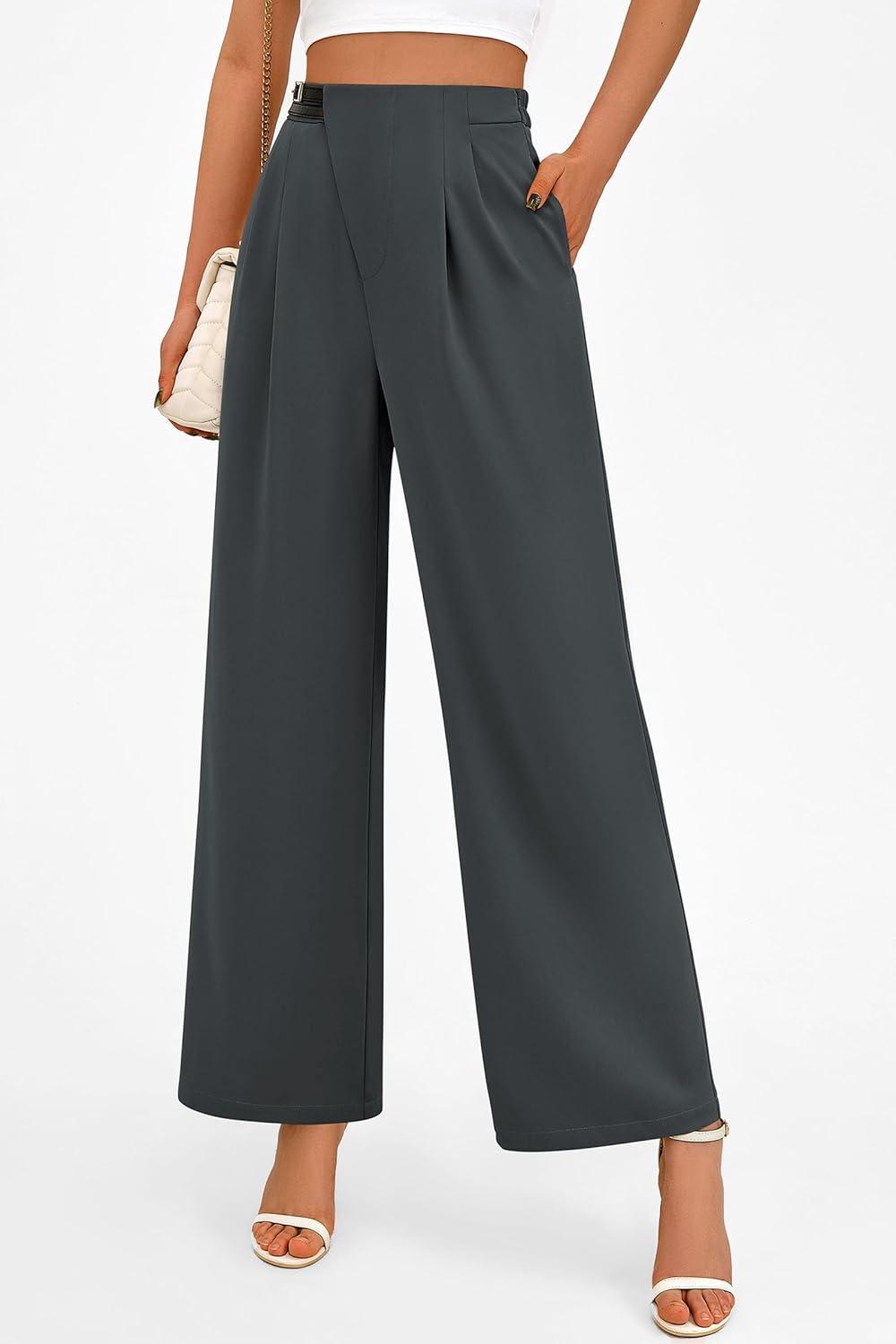 imagePRETTYGARDEN Womens Wide Leg Dressy Pants High Waisted Fashion Business Casual Work Office Trousers Palazzo PantDark Grey