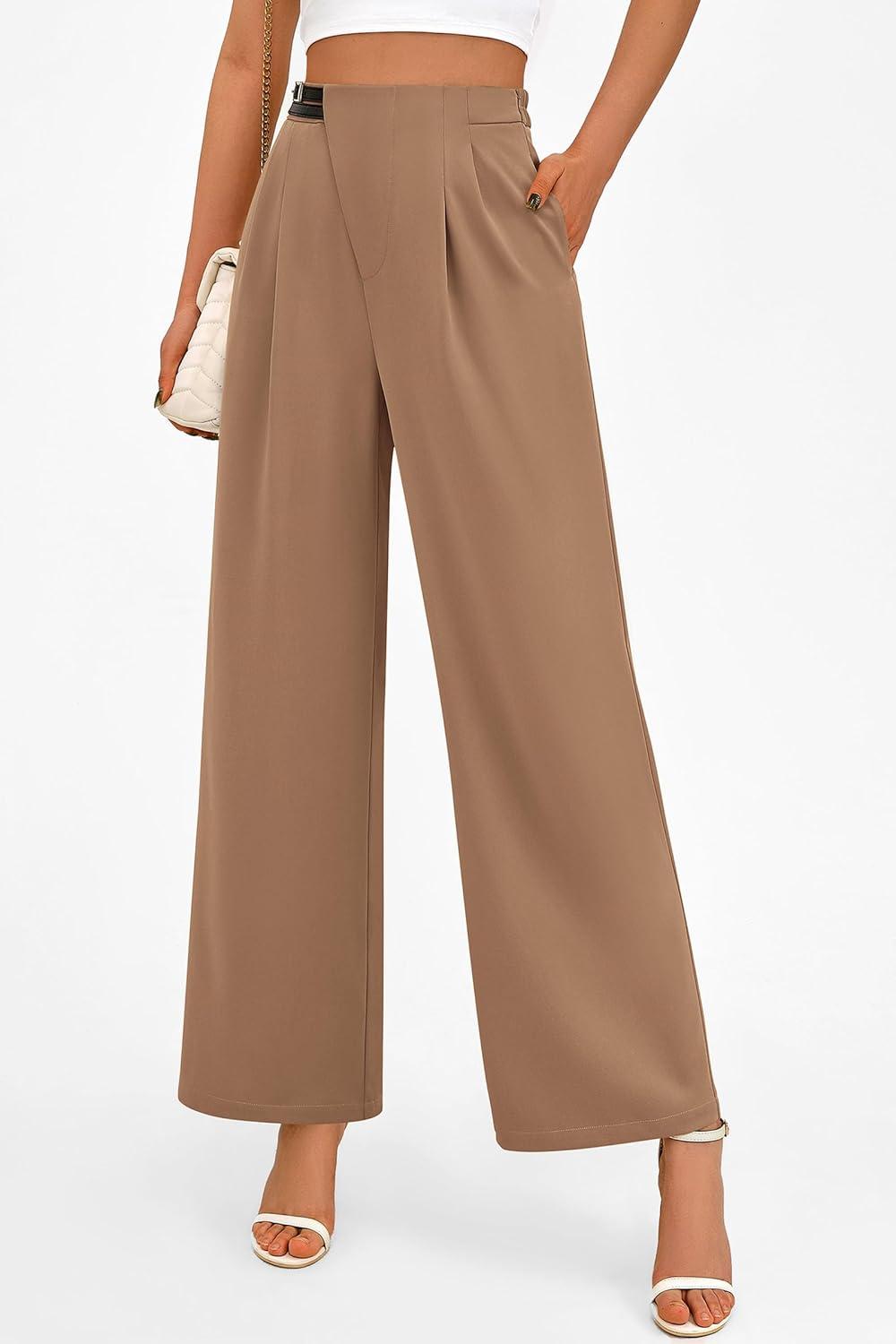 imagePRETTYGARDEN Womens Wide Leg Dressy Pants High Waisted Fashion Business Casual Work Office Trousers Palazzo PantKhaki