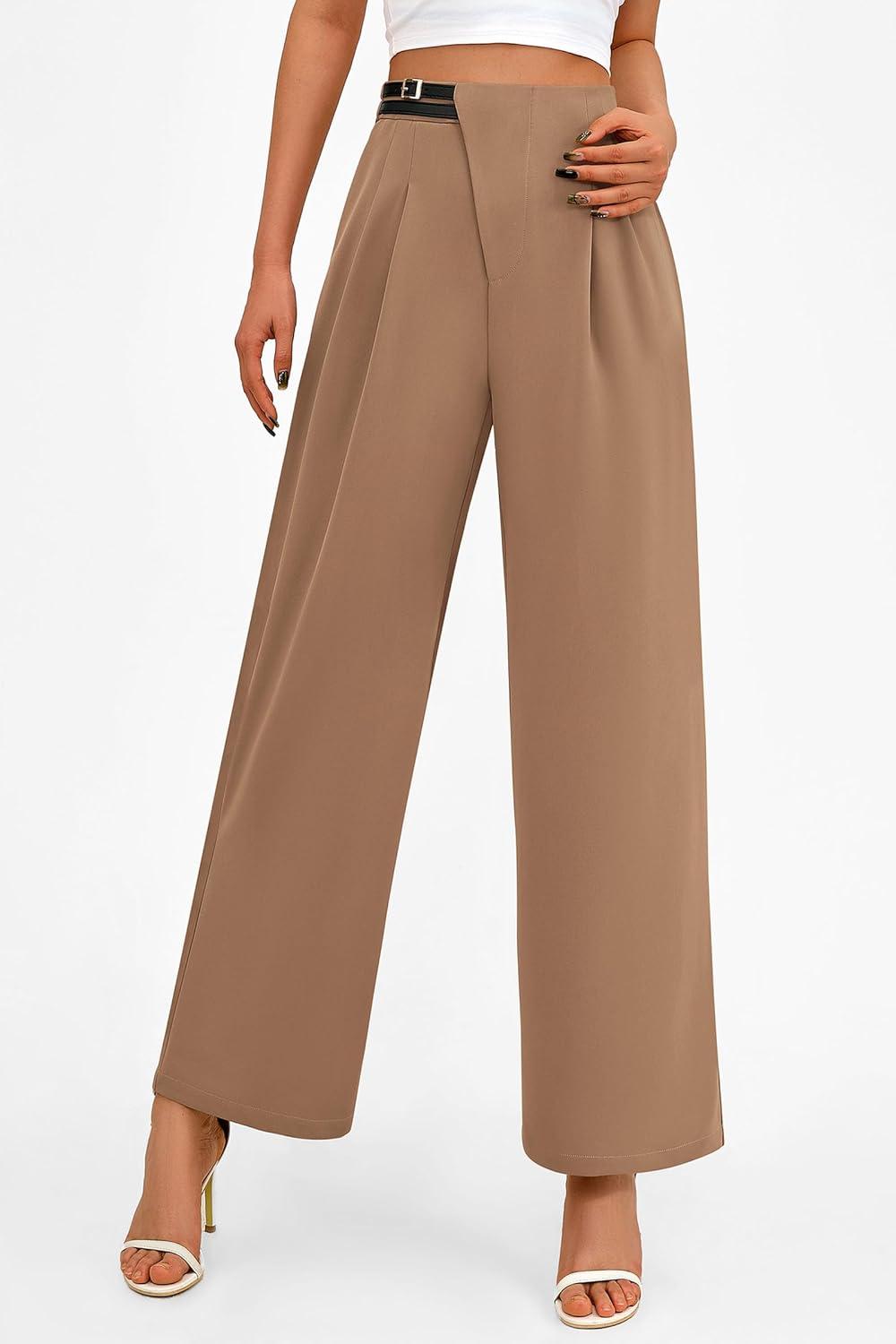 imagePRETTYGARDEN Womens Wide Leg Dressy Pants High Waisted Fashion Business Casual Work Office Trousers Palazzo PantKhaki