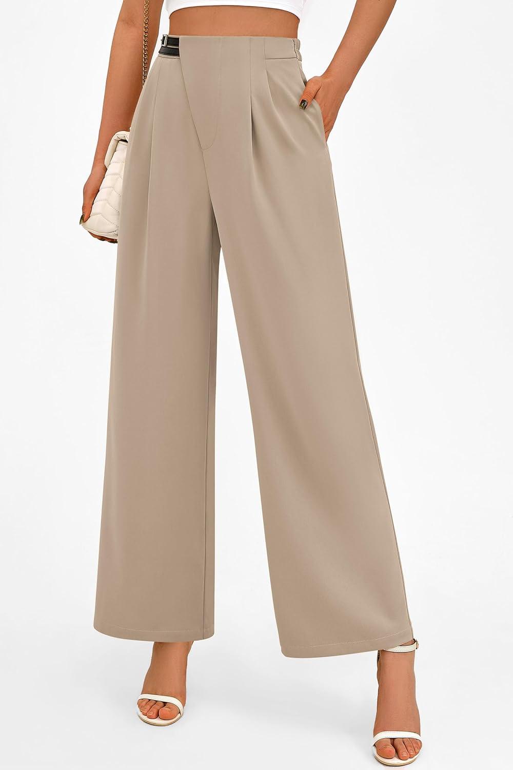 imagePRETTYGARDEN Womens Wide Leg Dressy Pants High Waisted Fashion Business Casual Work Office Trousers Palazzo PantLight Khaki