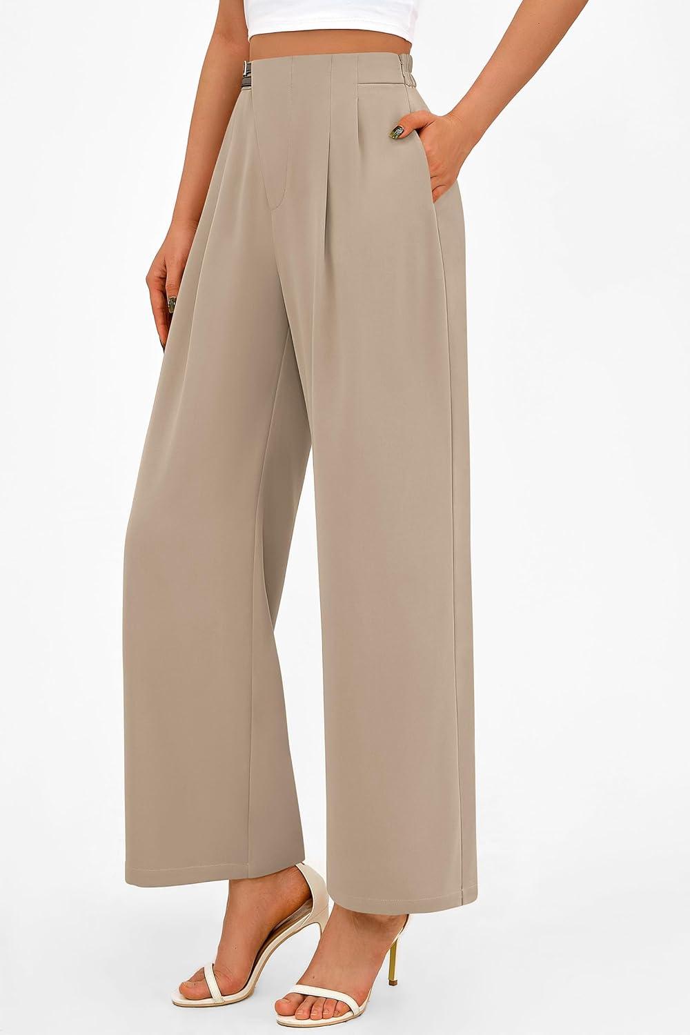 imagePRETTYGARDEN Womens Wide Leg Dressy Pants High Waisted Fashion Business Casual Work Office Trousers Palazzo PantLight Khaki