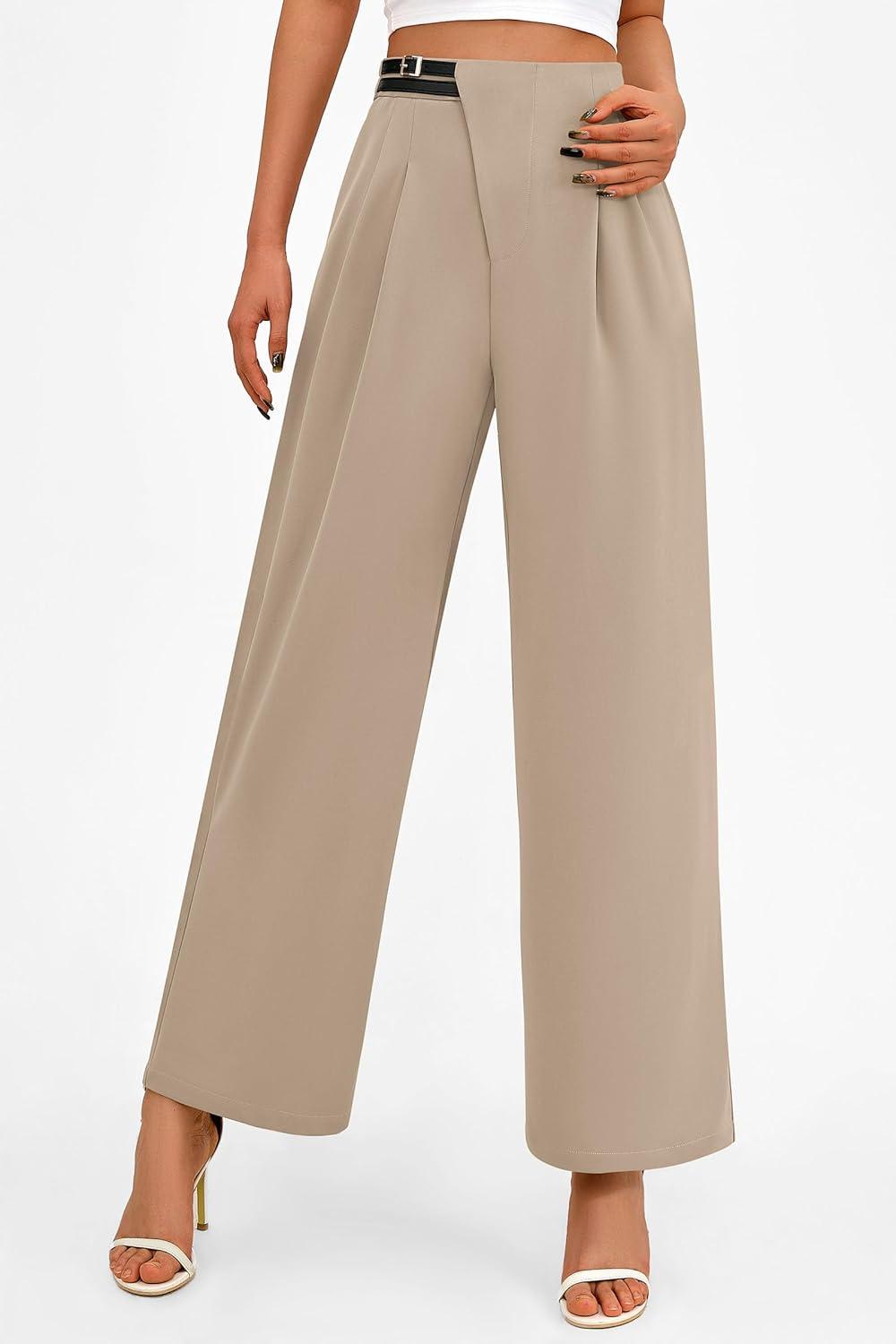 imagePRETTYGARDEN Womens Wide Leg Dressy Pants High Waisted Fashion Business Casual Work Office Trousers Palazzo PantLight Khaki