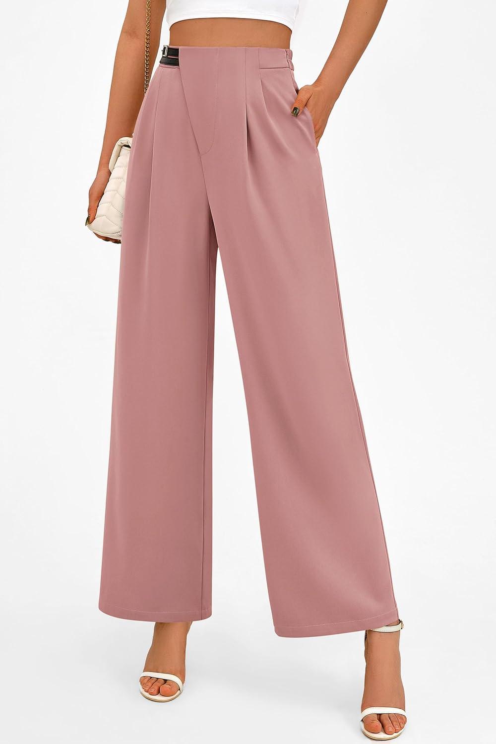 imagePRETTYGARDEN Womens Wide Leg Dressy Pants High Waisted Fashion Business Casual Work Office Trousers Palazzo PantPink