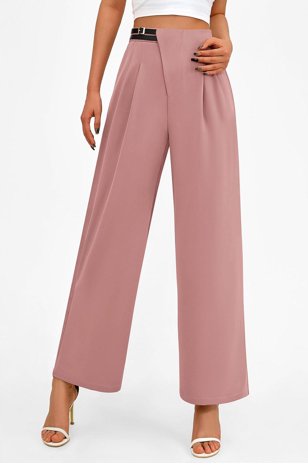 imagePRETTYGARDEN Womens Wide Leg Dressy Pants High Waisted Fashion Business Casual Work Office Trousers Palazzo PantPink