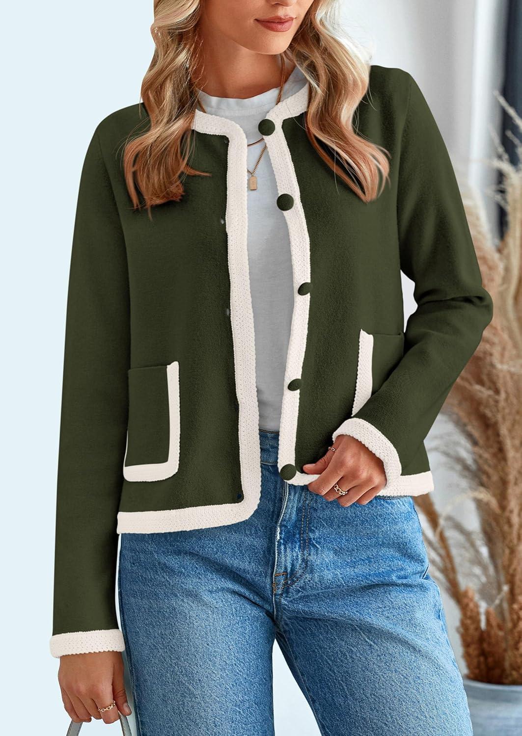 imagePRETTYGARDEN Womens Winter Trendy Button Down Open Front Cardigan Sweaters Knit Color Block Jackets Fall Fashion Clothes Army GreenMedium