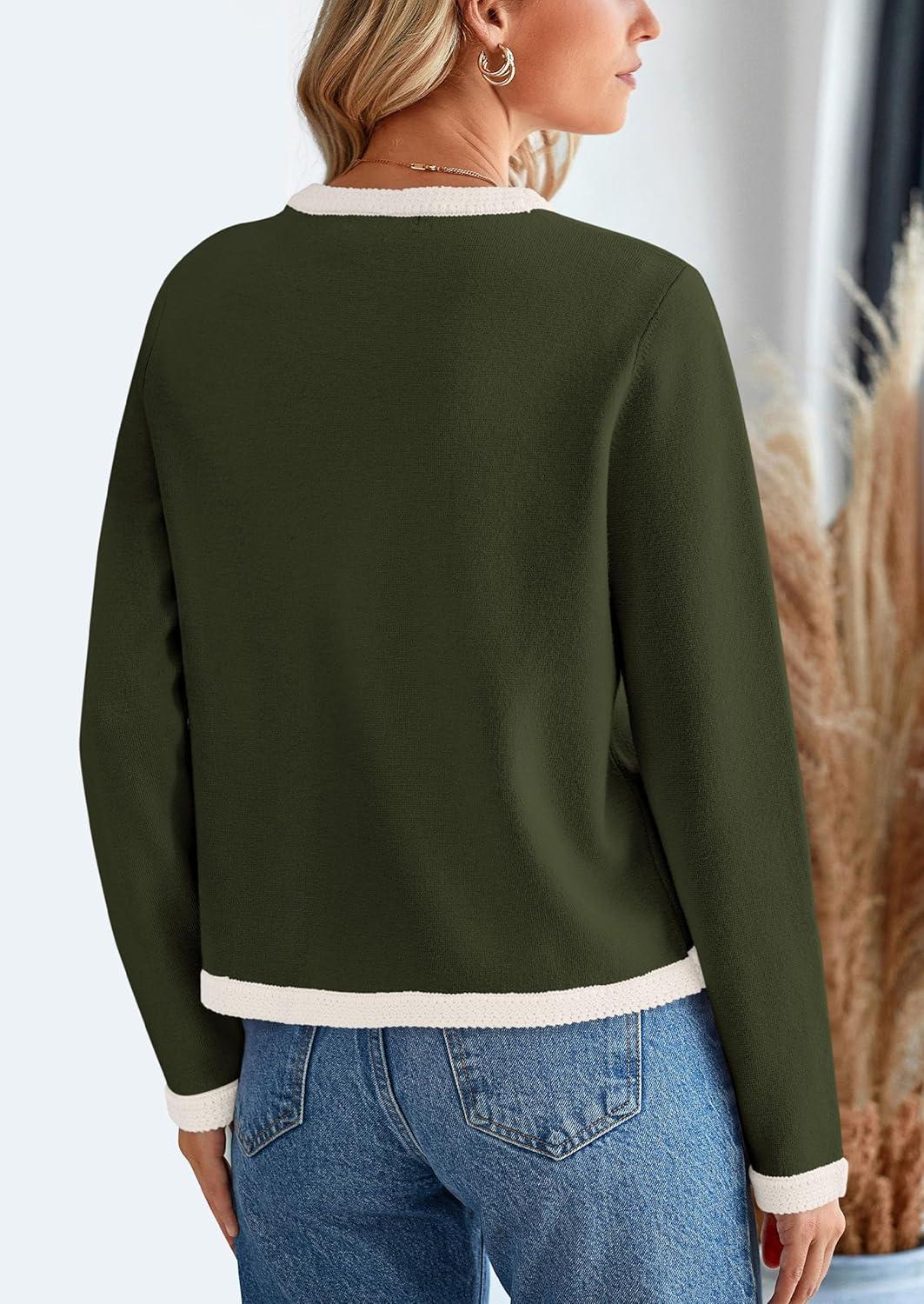 imagePRETTYGARDEN Womens Winter Trendy Button Down Open Front Cardigan Sweaters Knit Color Block Jackets Fall Fashion Clothes Army GreenMedium