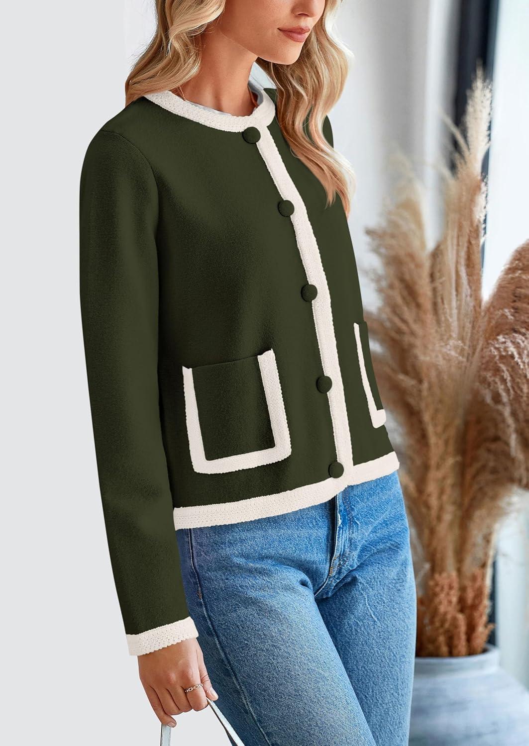 imagePRETTYGARDEN Womens Winter Trendy Button Down Open Front Cardigan Sweaters Knit Color Block Jackets Fall Fashion Clothes Army GreenMedium